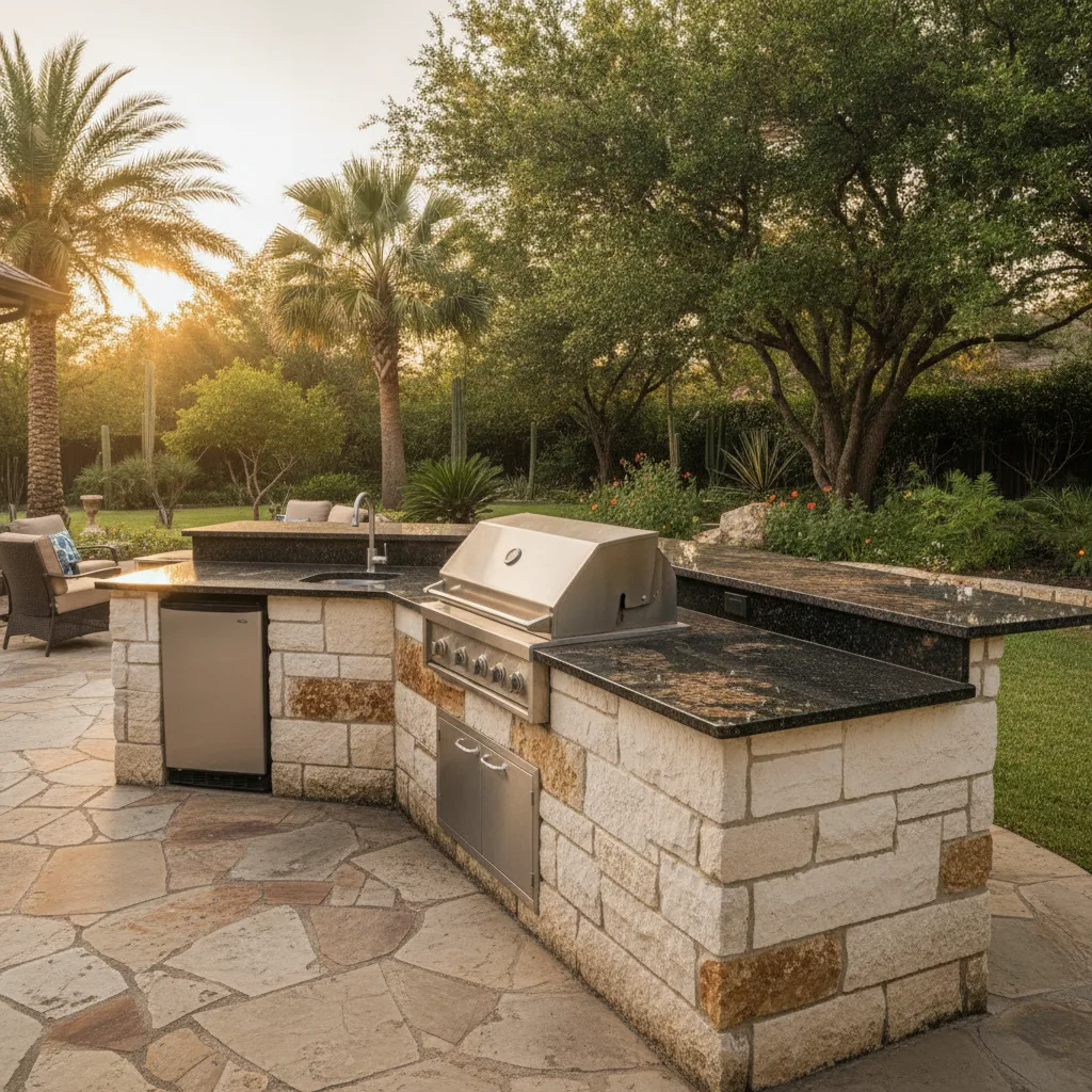 A luxurious outdoor kitchen in a Texas backyard at sunset, featuring granite countertops, a built-in grill, and lush landscaping.