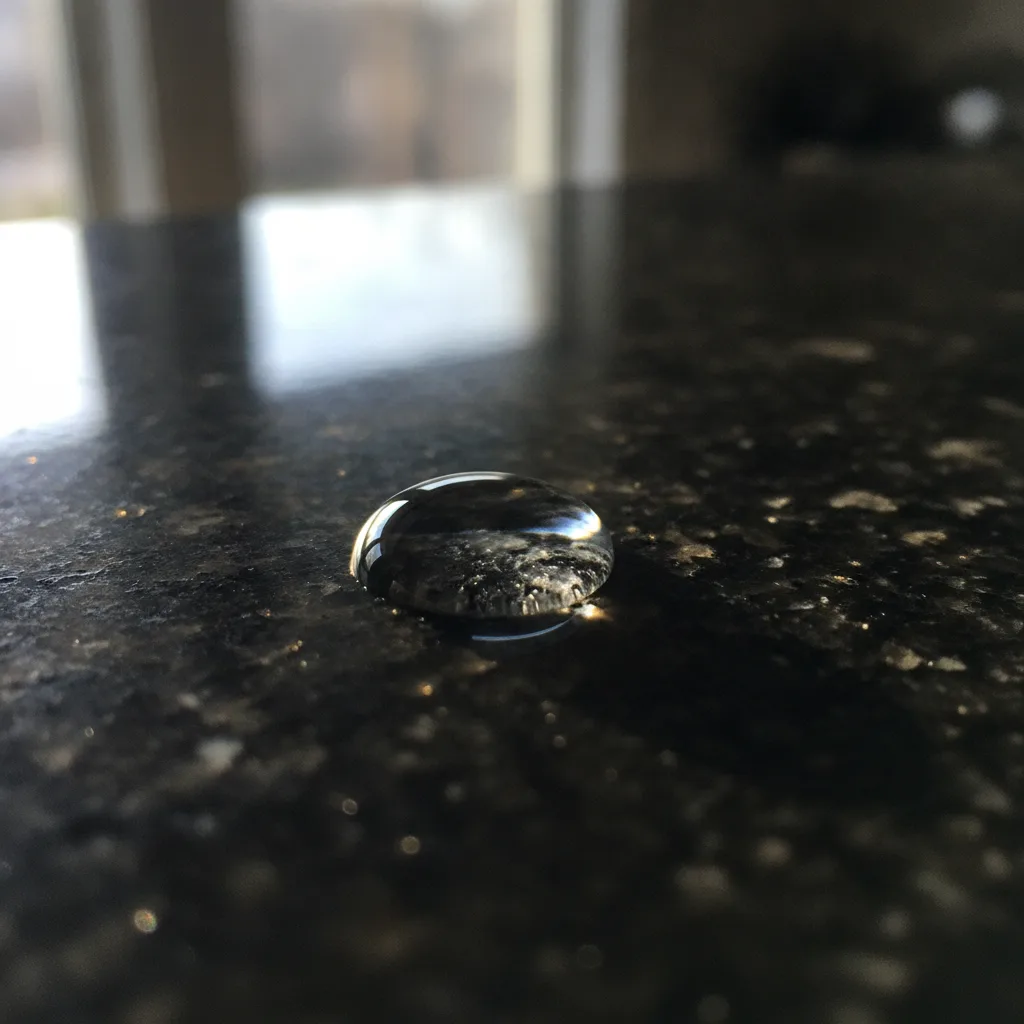 A close-up, photorealistic image of a water droplet beading on a sealed dark granite countertop in a bright kitchen.