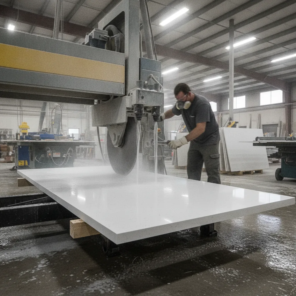 A stone fabricator uses a bridge saw to cut a large white quartz slab, with water streaming from the blade.