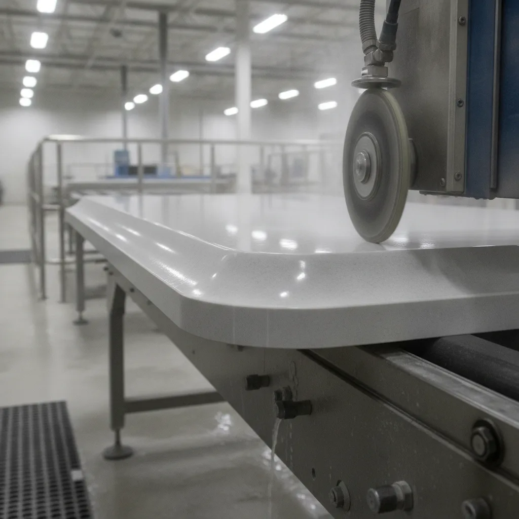 A CNC edge polisher works on the bullnose profile of a light gray quartz countertop, with water mist rising.