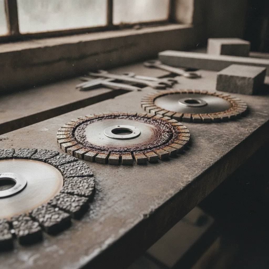 Close-up of diamond blades for stone cutting on a workbench, showing different segment sizes, grit textures, and resin smearing.