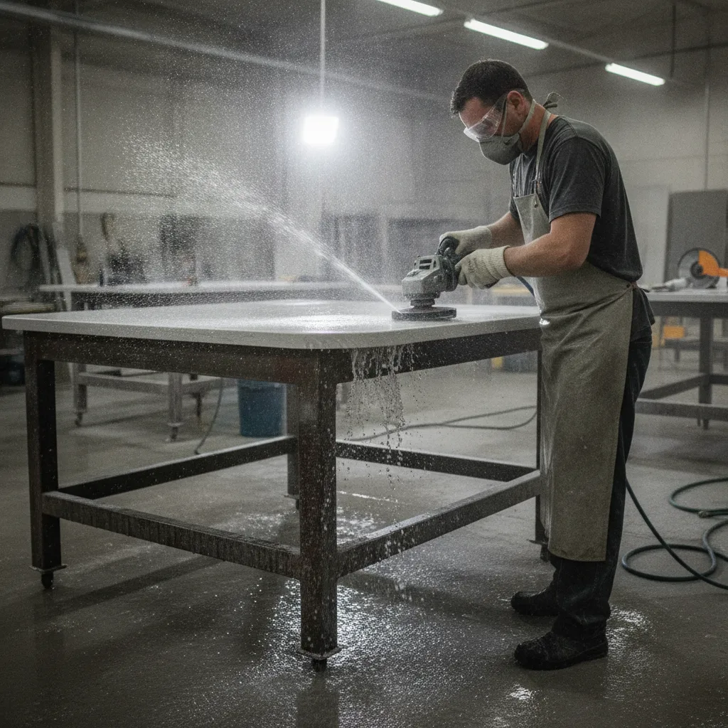 A stone fabricator in safety glasses grinds a quartz countertop with a wet angle grinder in a workshop.