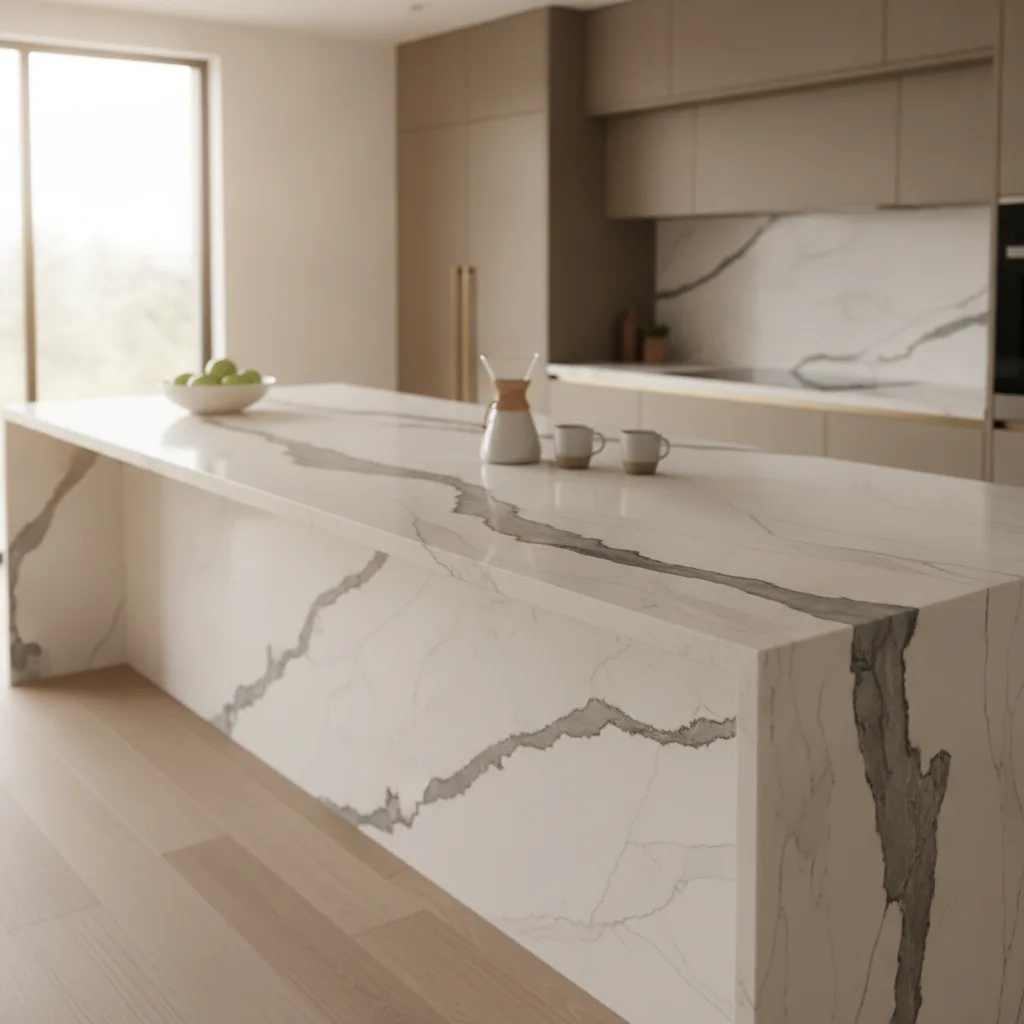 A wide kitchen island with a newly installed polished quartzite countertop, dramatic white and gray veining.