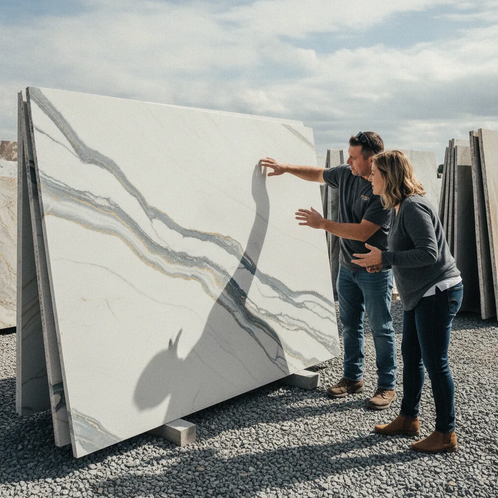 A homeowner and fabricator at a stone slab yard, looking at a large upright quartzite slab, pointing at the veining.