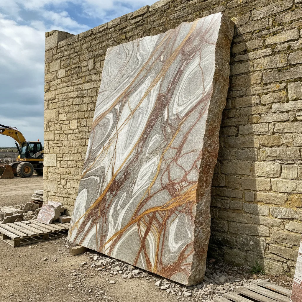 A large quartzite slab with swirling grey, white, and golden-brown veins leans against a stone wall in an outdoor yard.