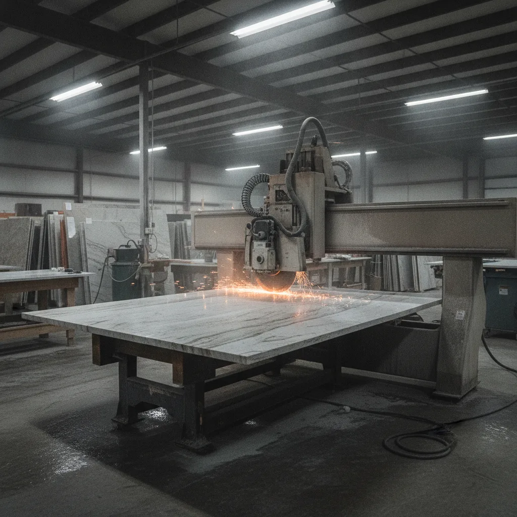 A CNC machine cuts a quartzite countertop slab with sparks and water mist in an industrial stone fabrication shop.