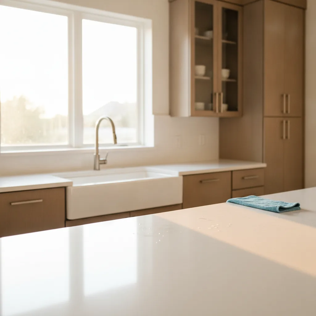 A modern Austin kitchen featuring white quartz countertops, a farmhouse sink, and warm natural light from a window.
