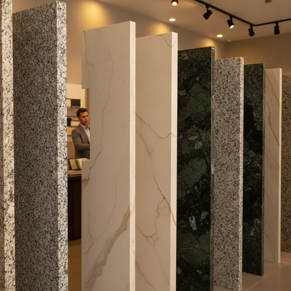 Granite and quartz stone slabs displayed in a warm-lit showroom with a sales associate in the background.
