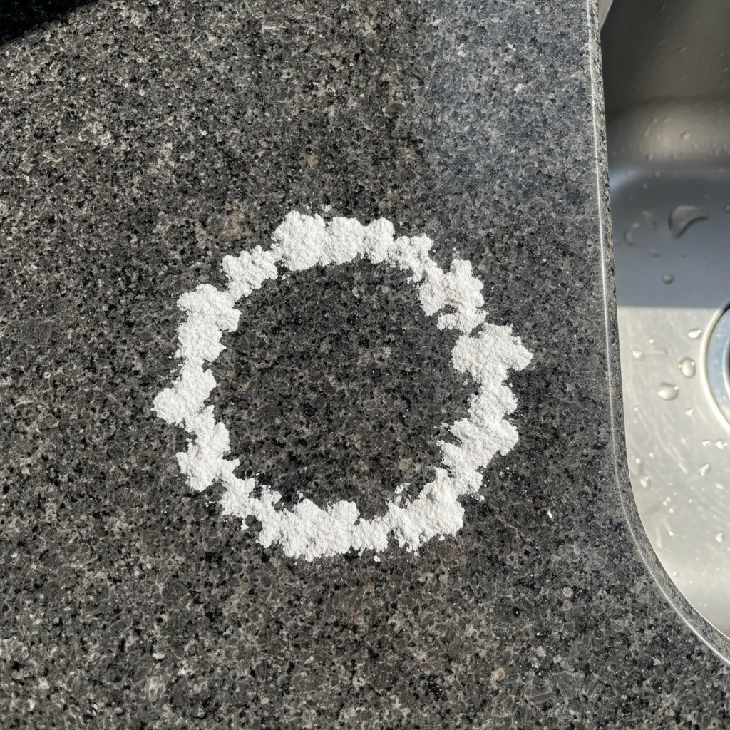 Close-up of chalky white hard water calcium deposits forming a ring on a dark granite countertop near a kitchen sink.