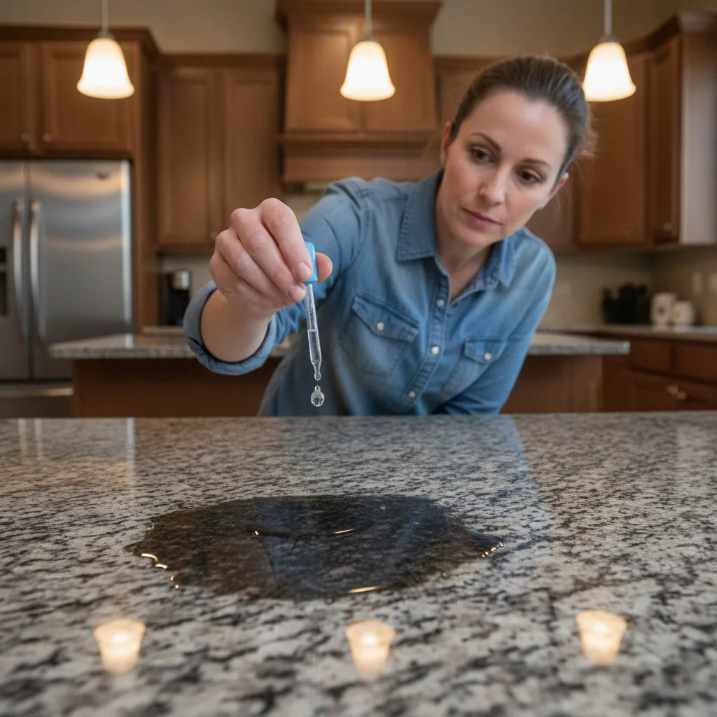 A woman drips water onto a granite countertop to test its absorption, revealing a dark wet patch.