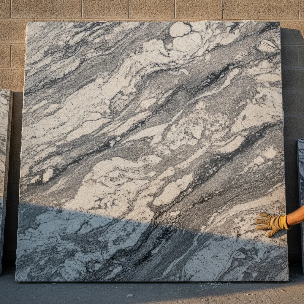 A large polished granite slab with dramatic grey, white, and black veining, leaning against a wall in bright light.