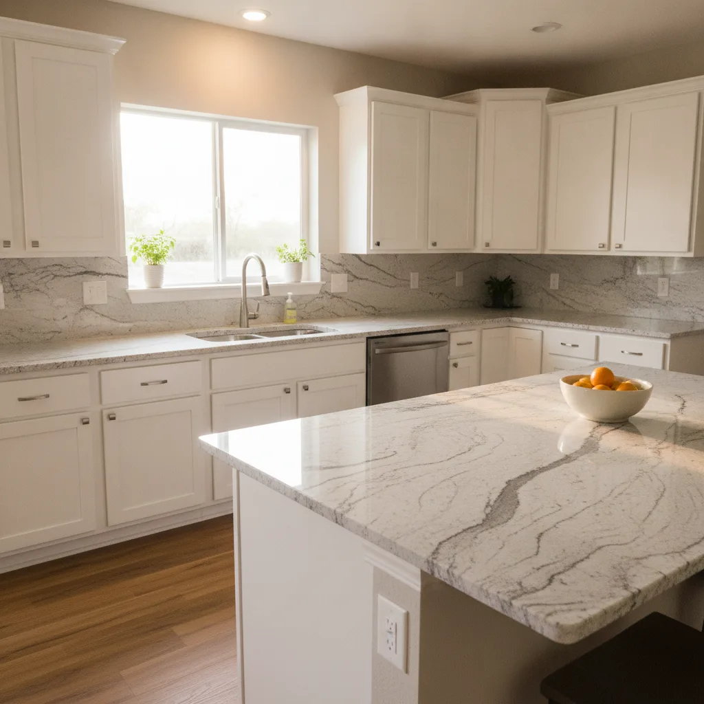 A bright Central Texas kitchen with new white-and-grey granite countertops, white cabinets, and warm wood flooring.