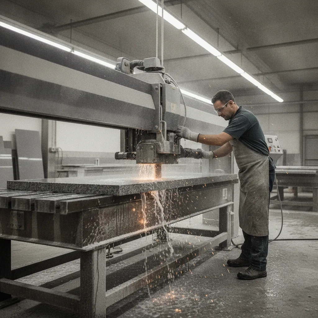 A fabricator cuts a large grey granite slab with a bridge saw, water cooling the blade amidst sparks and mist in an industrial workshop.