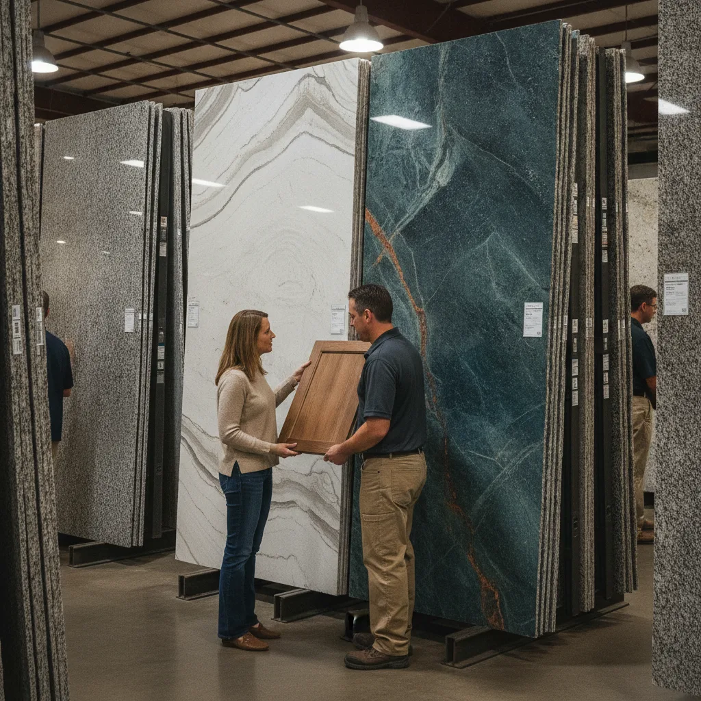 Homeowner and sales representative compare granite and quartzite slabs in a stone yard showroom, holding a cabinet door sample.