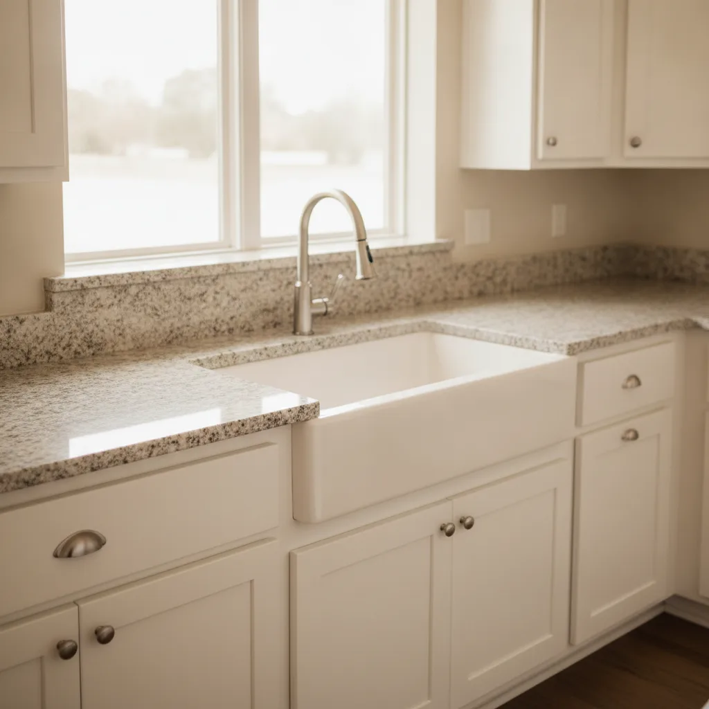 A newly installed natural stone kitchen countertop in a bright, modern Central Texas kitchen with a farmhouse sink.