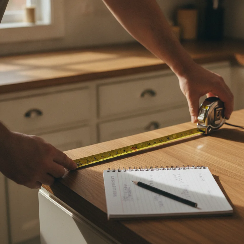 A person's hands measuring a kitchen countertop with a yellow tape measure, with a notepad for measurements nearby.
