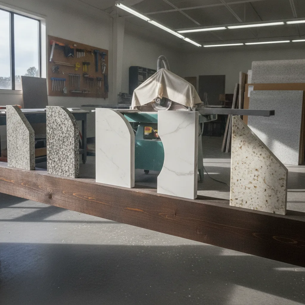 Photorealistic image of a fabricator's showroom display showcasing various countertop edge profiles carved into stone samples.