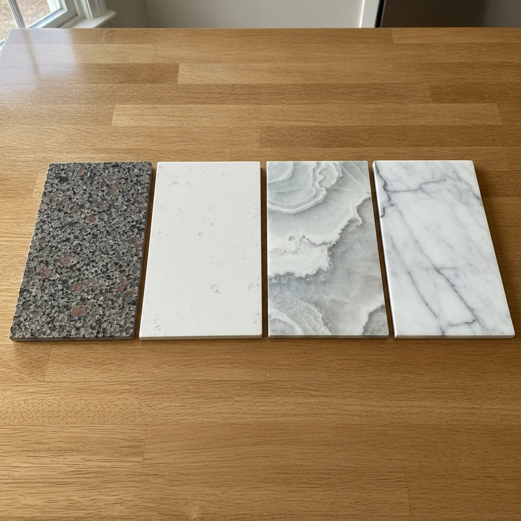 Four distinct stone countertop samples: granite, engineered quartz, quartzite, and marble, on a kitchen counter.