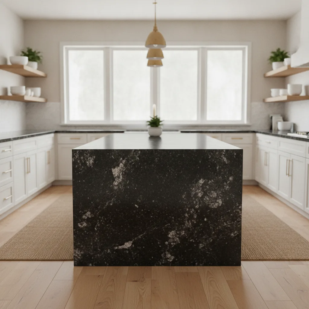 A modern kitchen featuring a large island with a leathered Black Pearl granite countertop, white cabinets, and warm wood flooring.