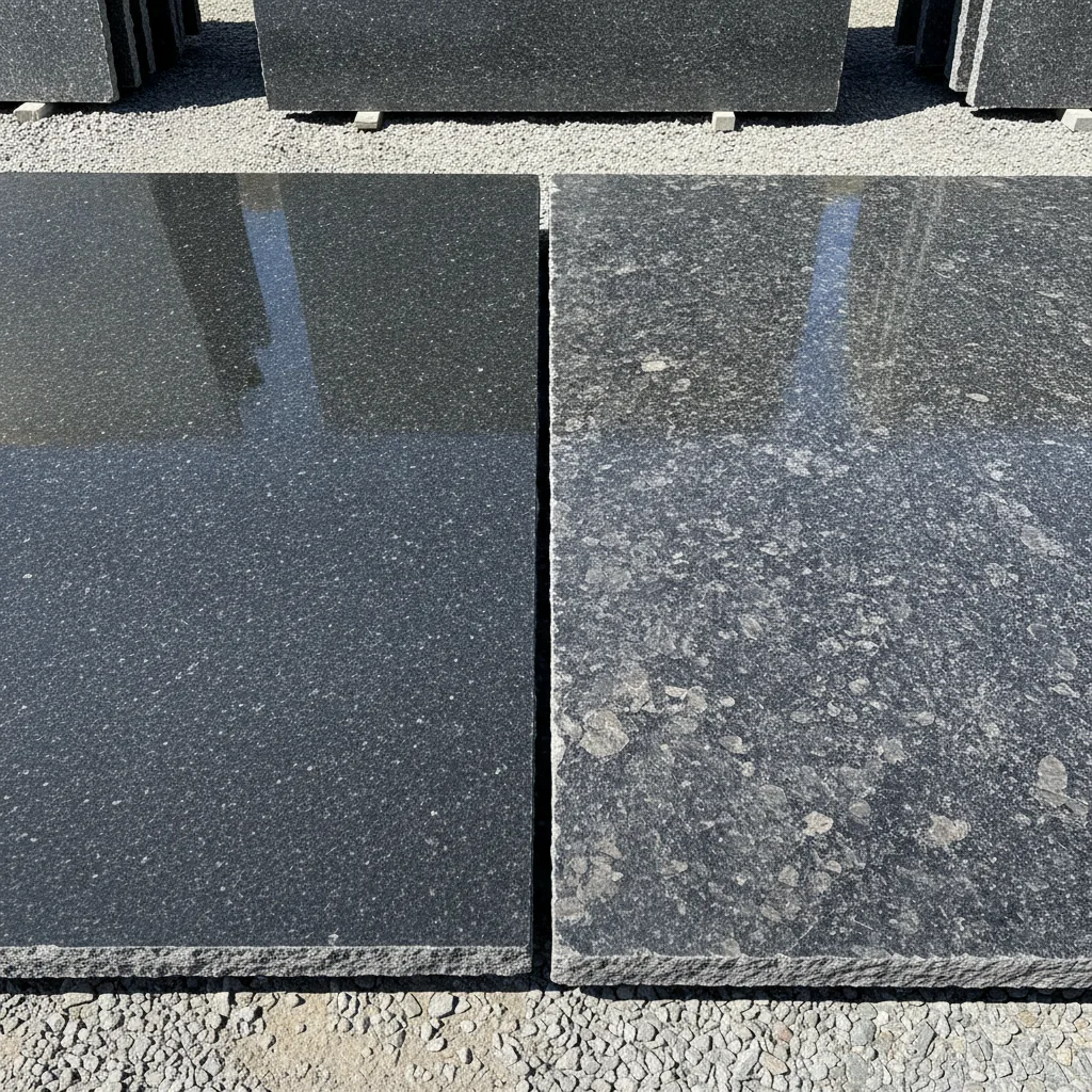 Dark granite slab with a polished finish on the left and a leathered finish on the right.