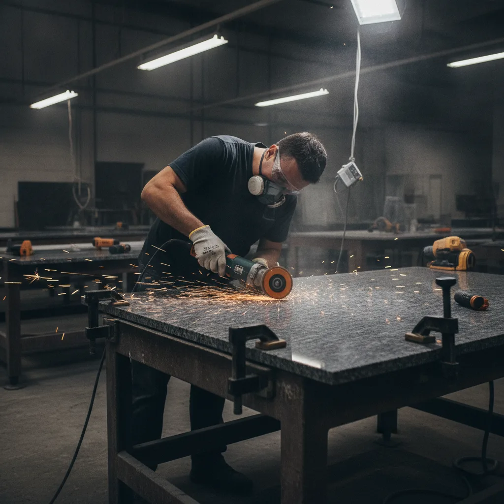 A stone fabrication worker wearing safety gear uses a diamond-tipped brush on a dark granite slab, generating sparks and dust.