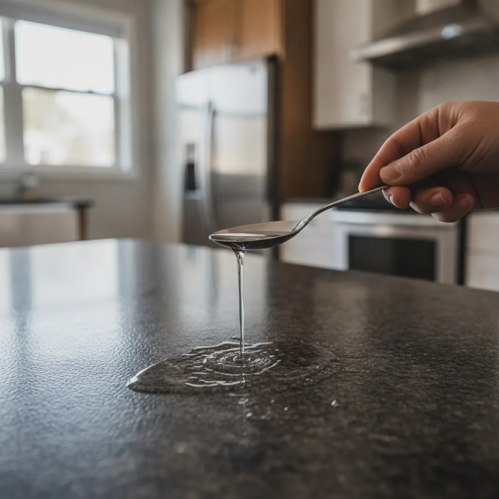 A hand pours water from a spoon onto a dark granite countertop, with water beading on the sealed surface.