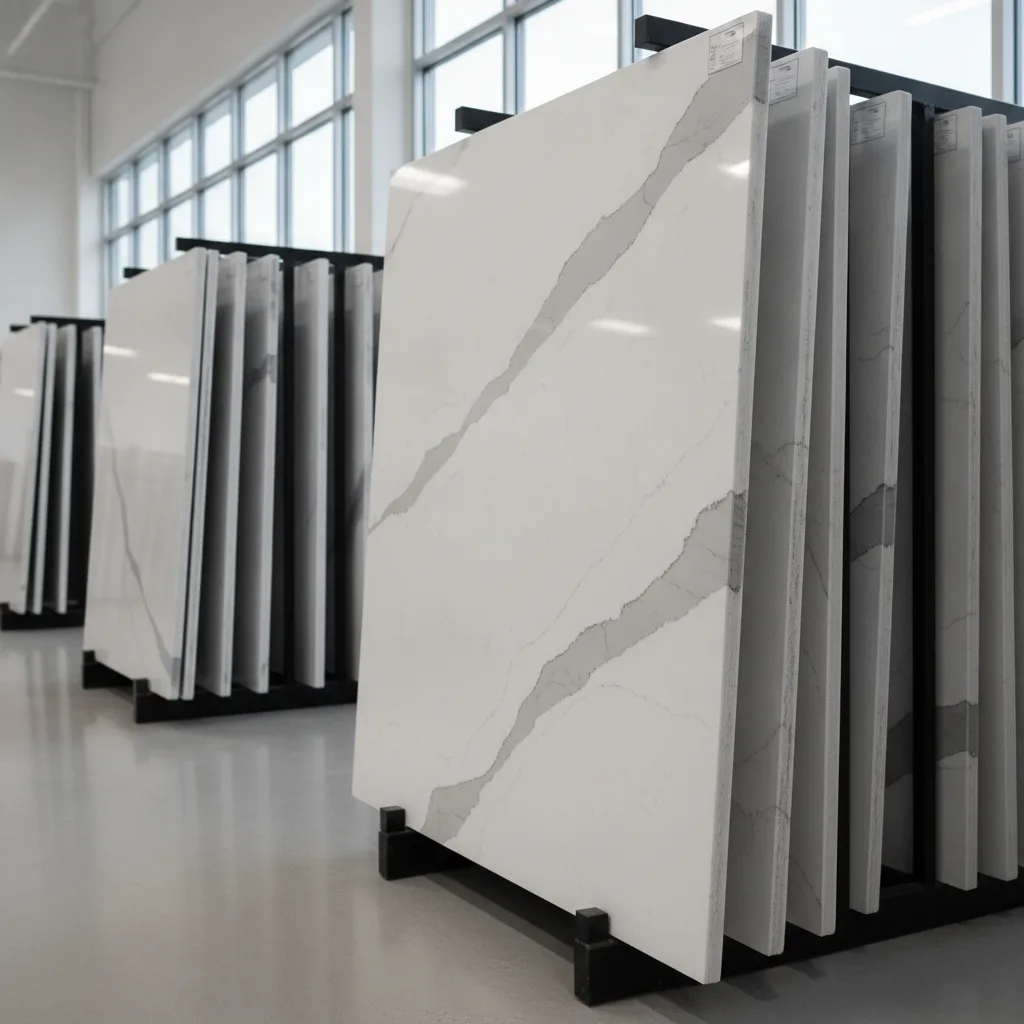 Fabrication showroom with large, upright engineered quartz countertop slabs, white and gray veined, natural light from windows.