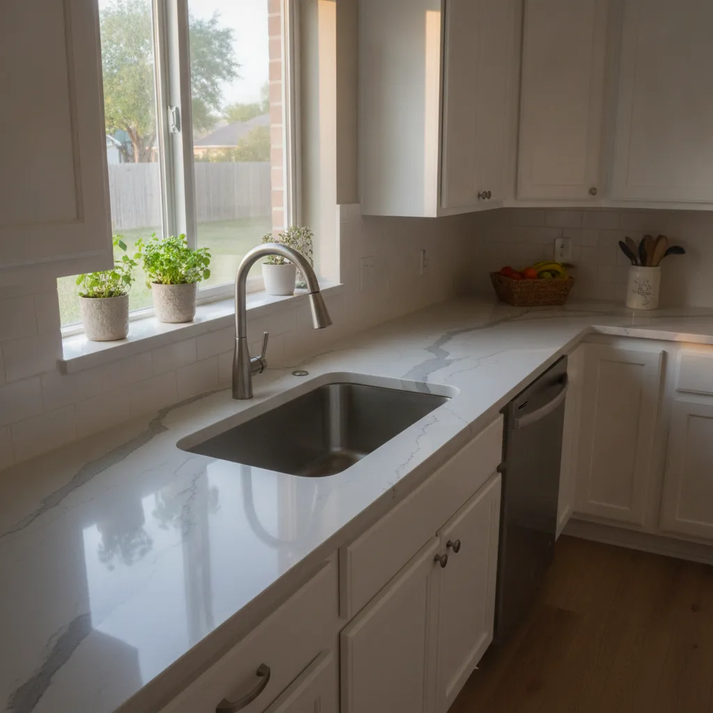 Kitchen countertop with light gray engineered quartz, undermount sink, and stainless steel faucet in natural light.