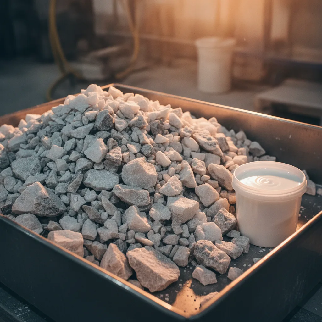 Close-up of coarse crushed quartz aggregate in a mixing tray, next to a container of white polymer resin, warm lighting.