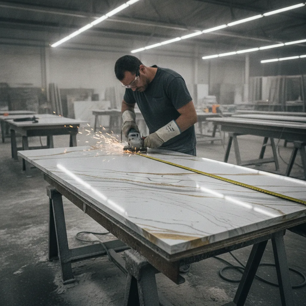 A stone fabricator uses an angle grinder to cut a large quartz slab in a dusty workshop.