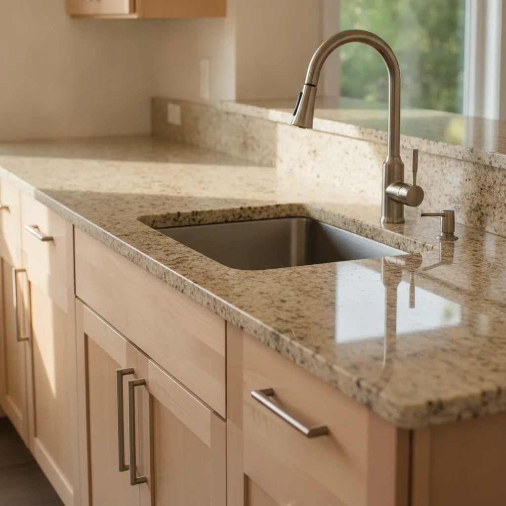 Photorealistic image of a granite kitchen countertop with an undermount sink, brushed-nickel faucet, and light wood cabinets.