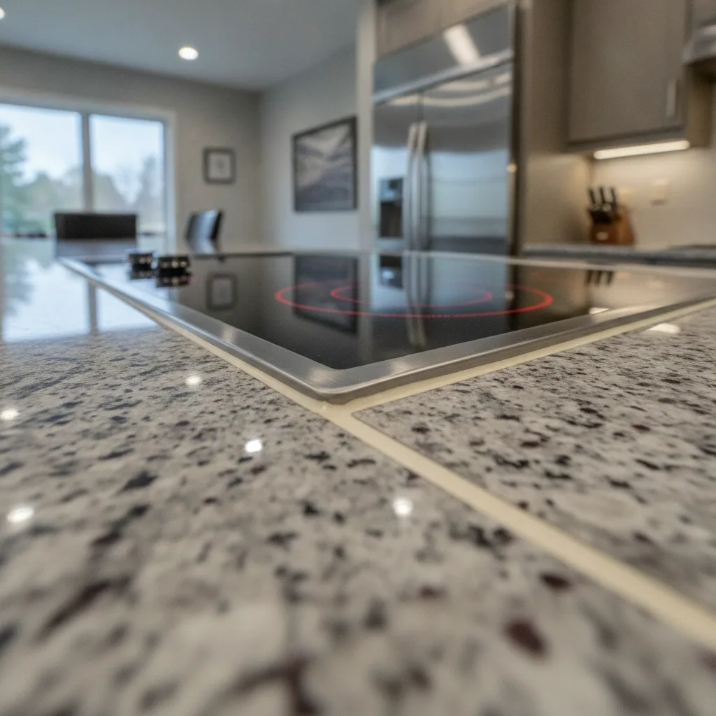 Photorealistic close-up of a well-placed, tightly caulked granite countertop seam next to a modern kitchen cooktop.
