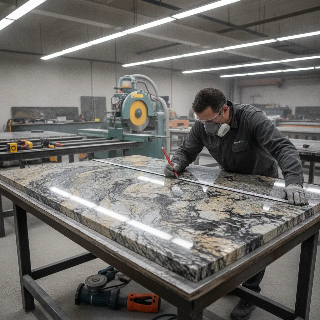 A stone fabricator in a workshop meticulously measures and marks a large granite slab with a pencil and ruler.