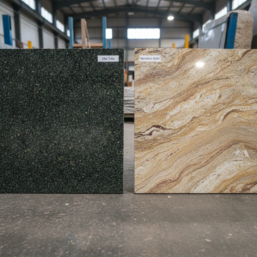Two polished granite slab samples, Uba Tuba dark green and Venetian Gold, displayed side by side in a stone yard.