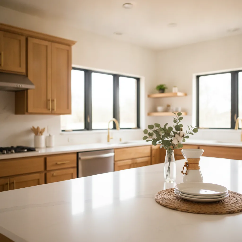 Bright Central Texas kitchen with warm white quartz countertops, natural wood cabinets, and brushed gold hardware.