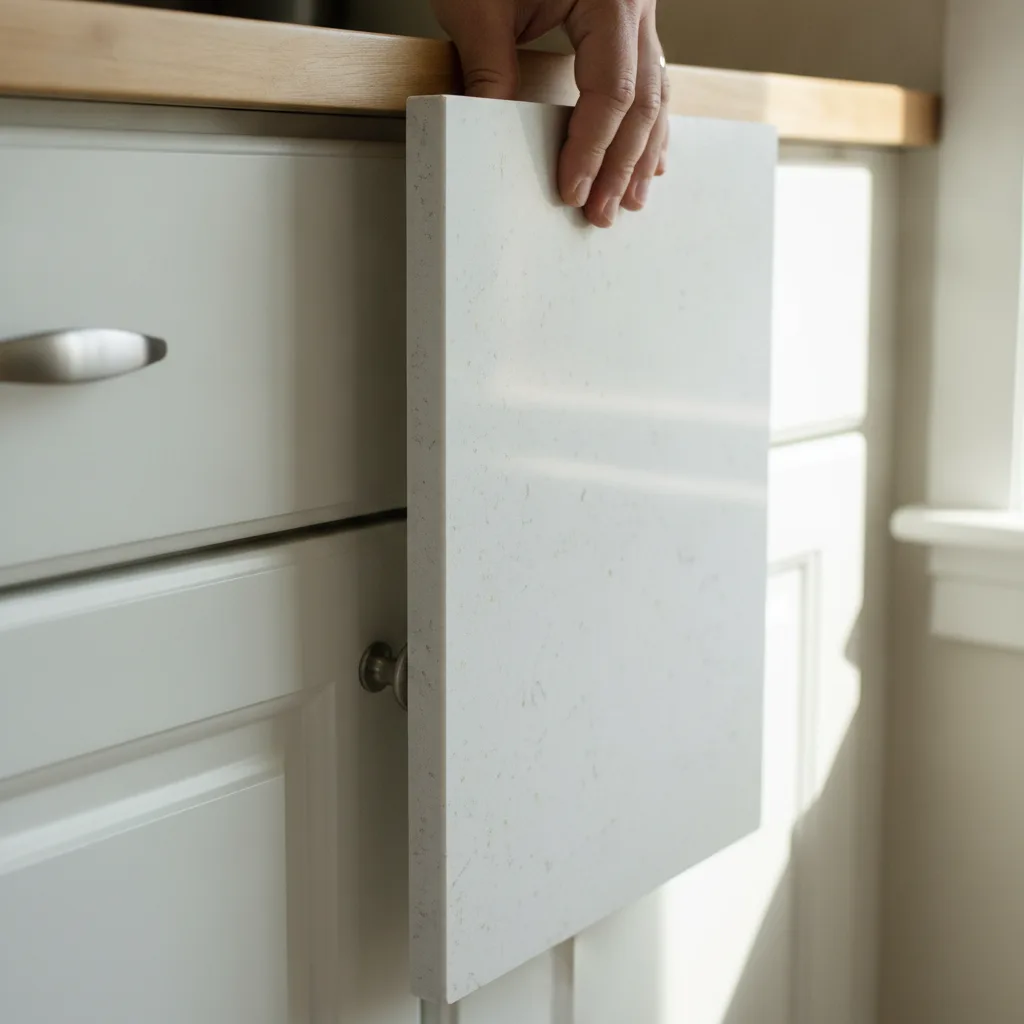 A hand holds a large 12x12-inch quartz slab sample against a white cabinet door in a kitchen.