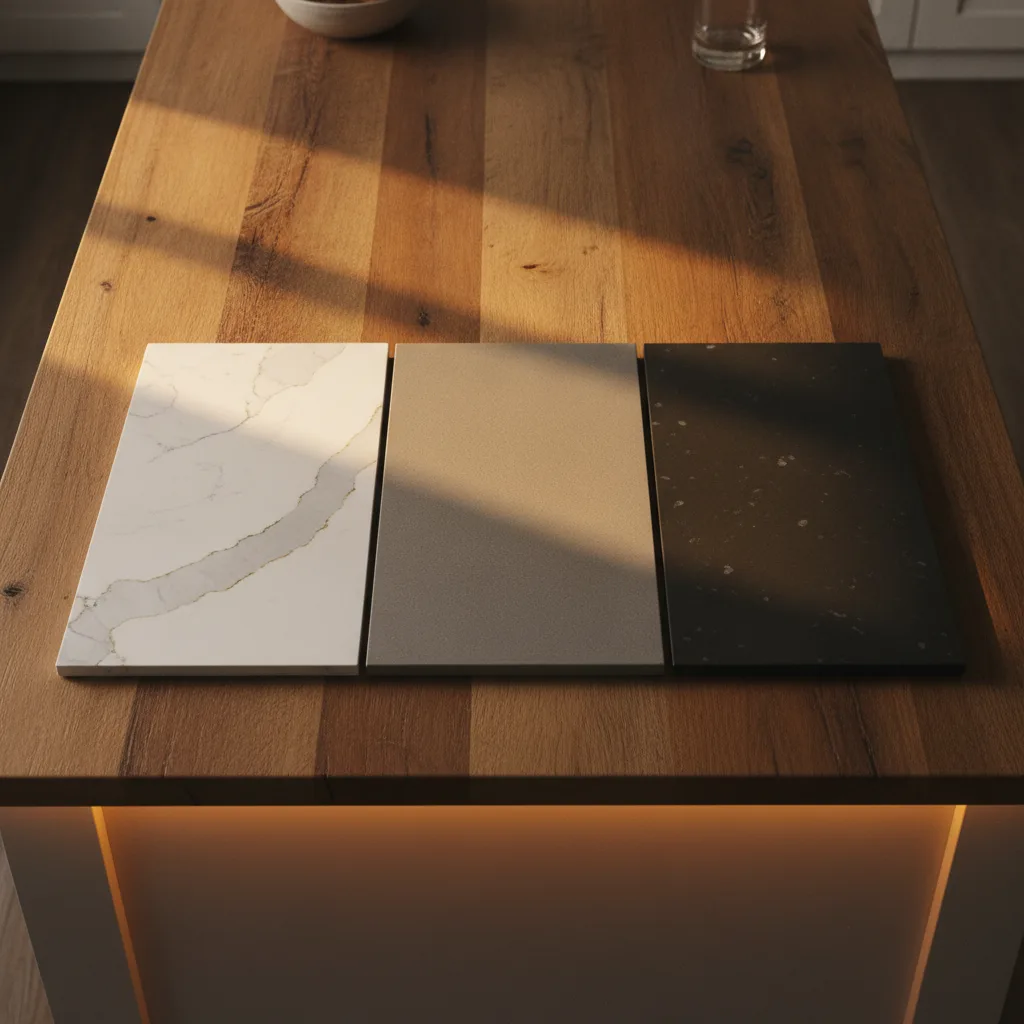 Overhead shot of quartz slab samples—white with veining, warm gray, deep charcoal—on a wood island in evening light.