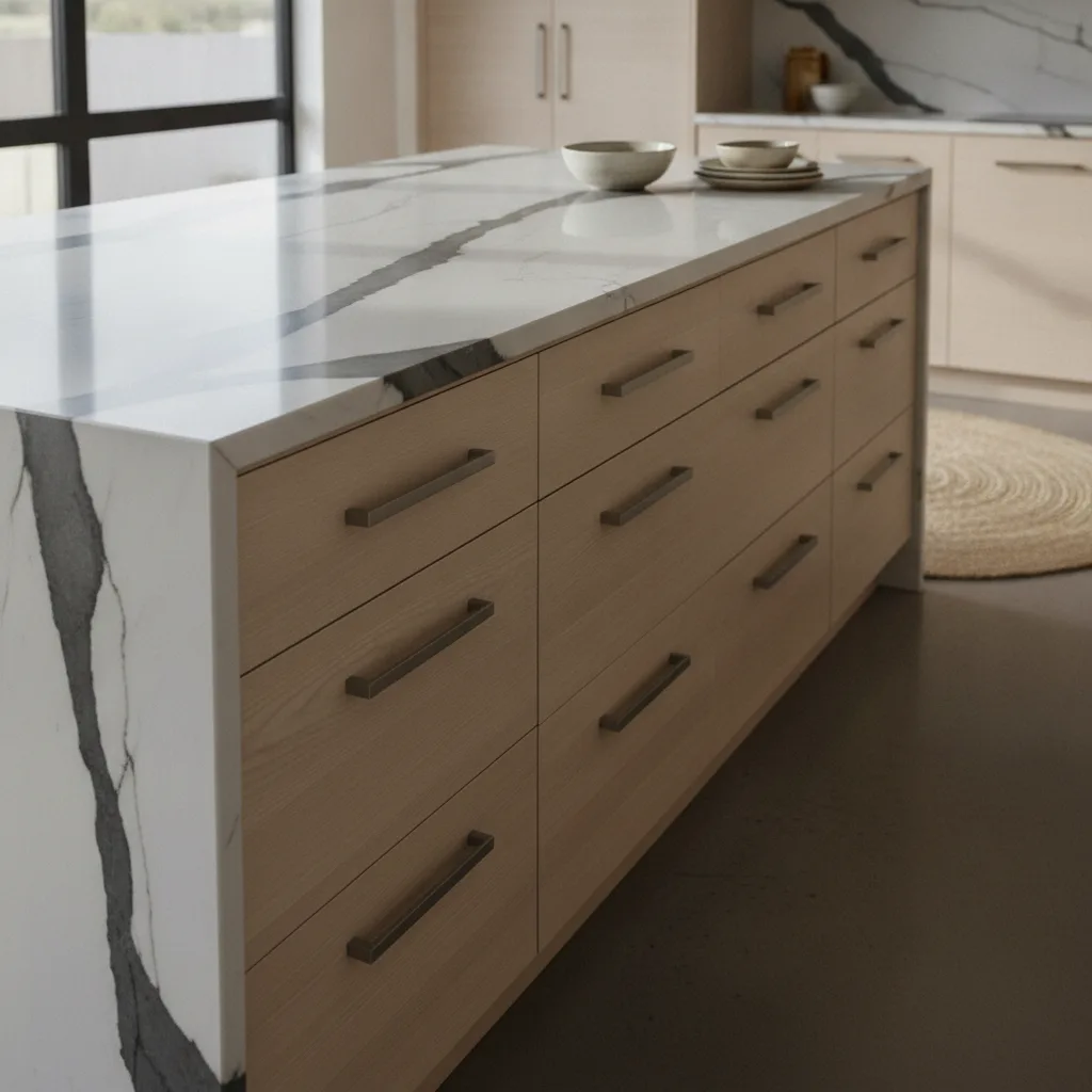 A modern organic kitchen island with a charcoal and white quartz countertop, white oak cabinets, and brushed nickel pulls.