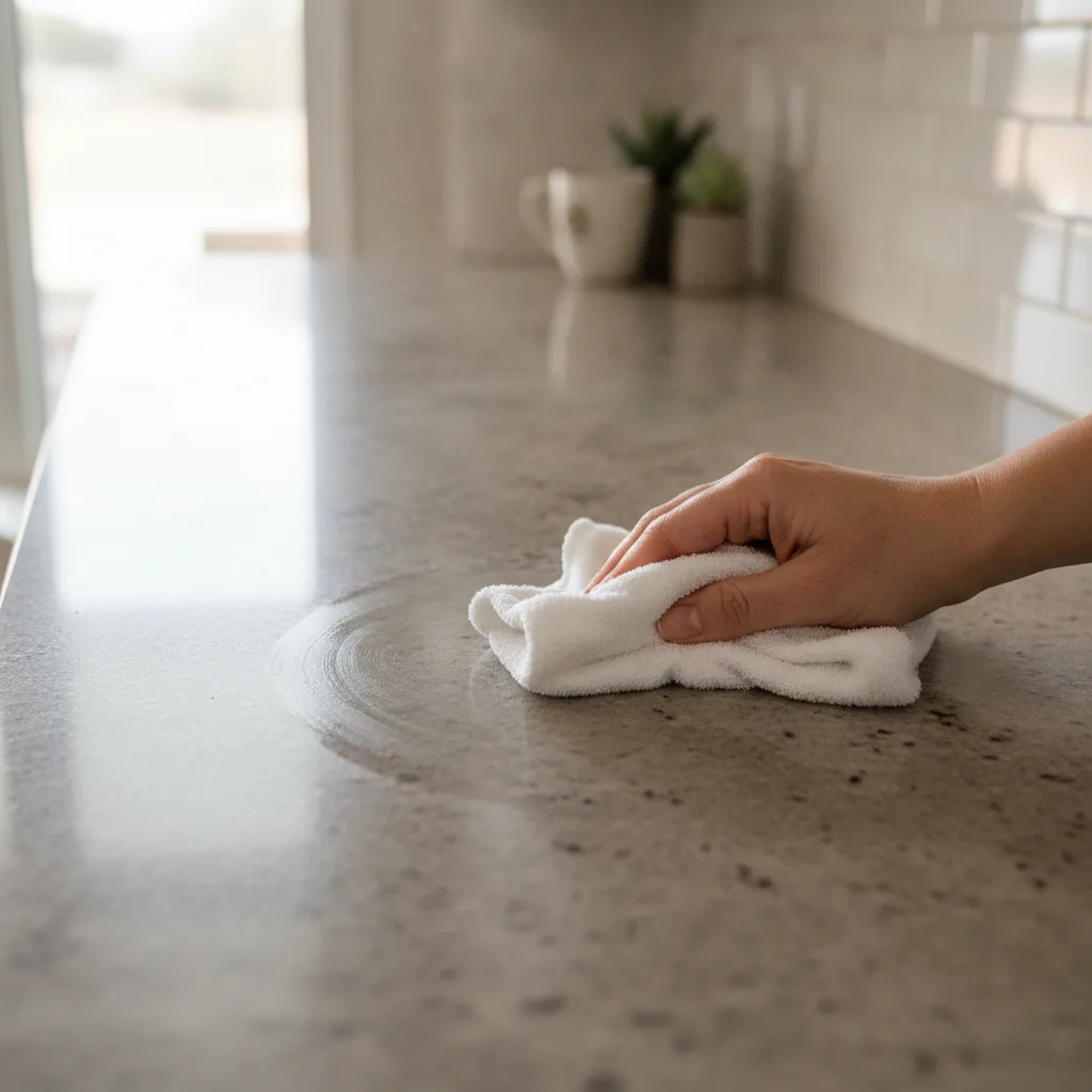 A hand wiping down a dull, cloudy granite countertop with a white microfiber cloth, revealing a clean, gleaming section.