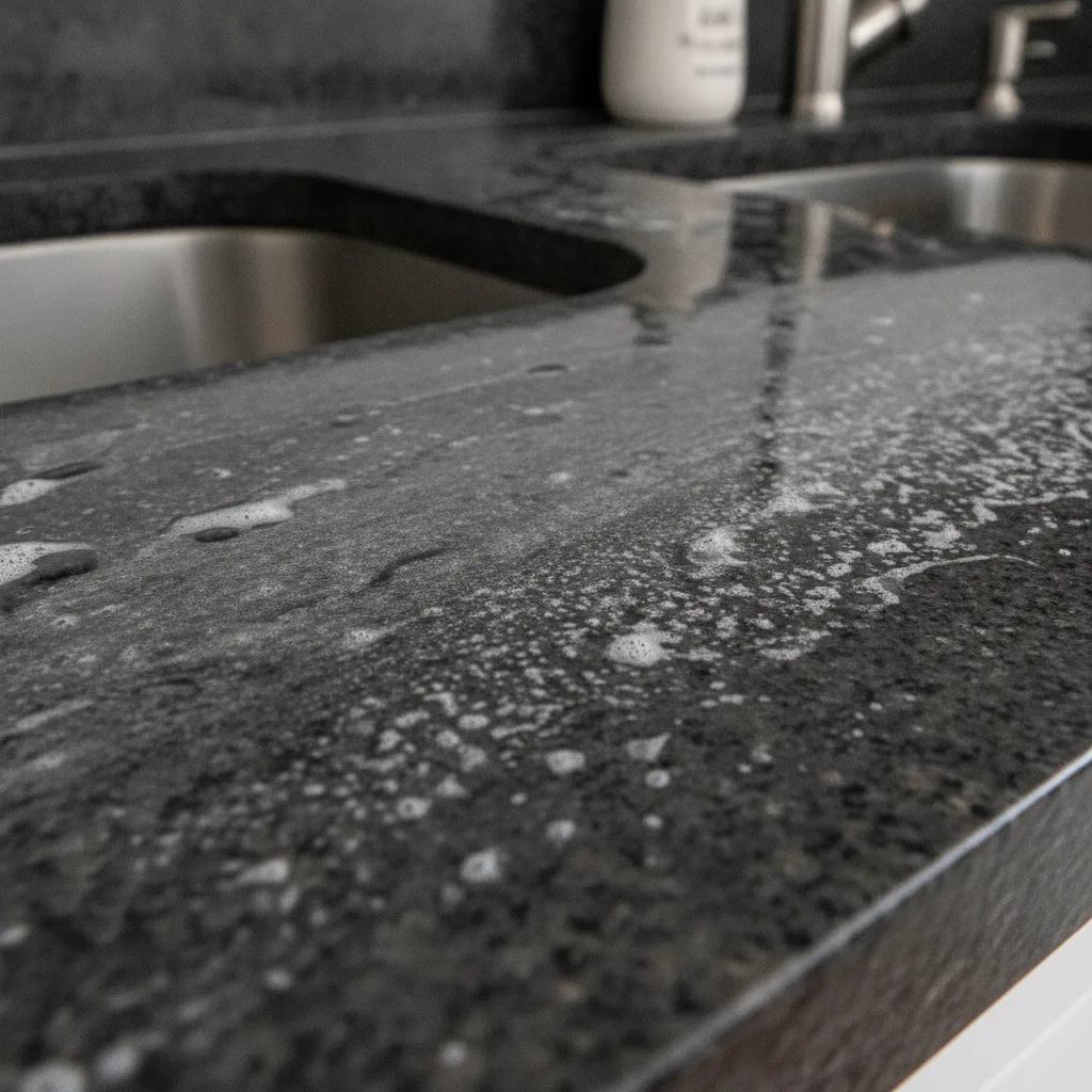Close-up of hard water mineral deposits and soap film haze on a dark granite countertop near a kitchen sink