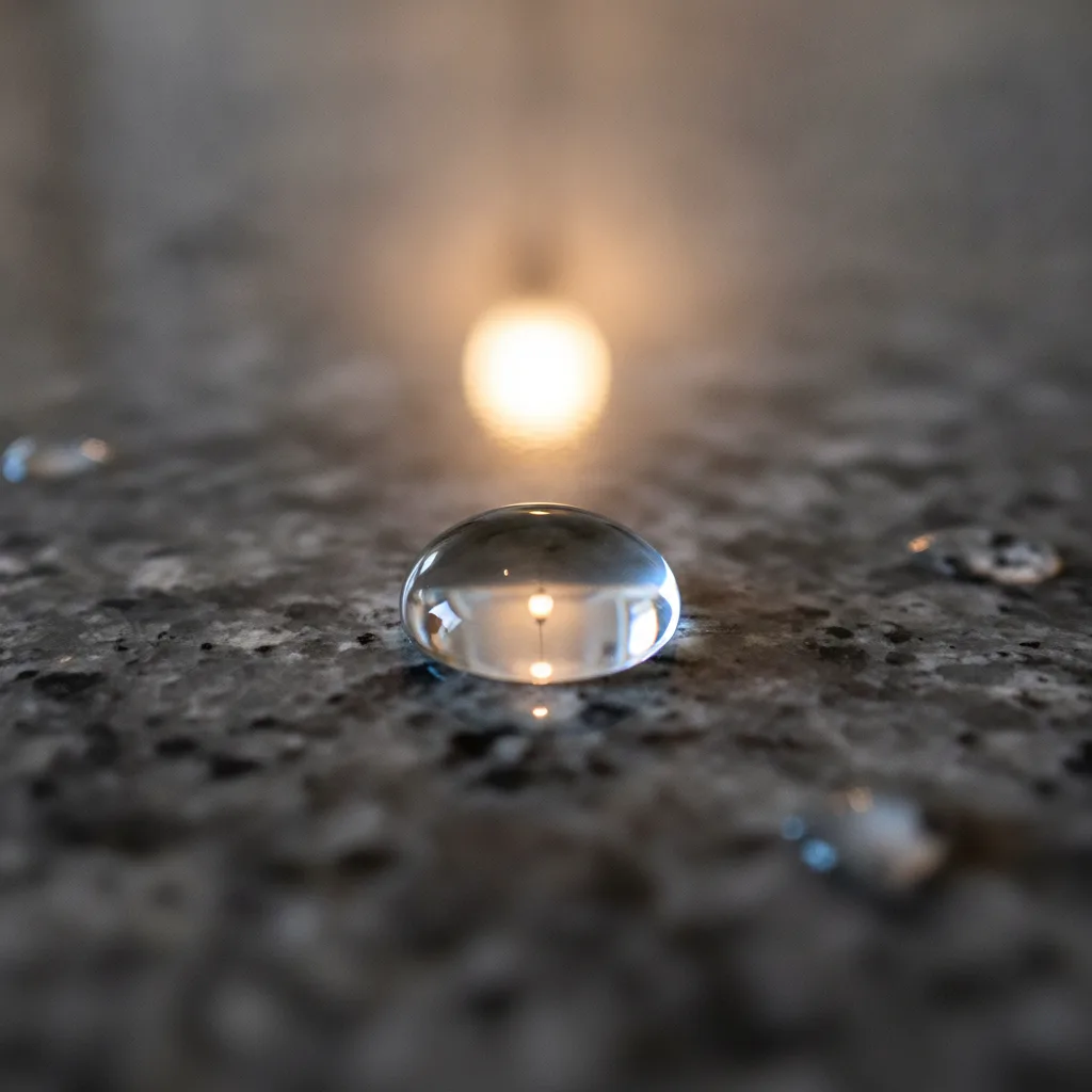 A perfectly domed water droplet beads on a glossy, sealed granite countertop, reflecting warm kitchen light.
