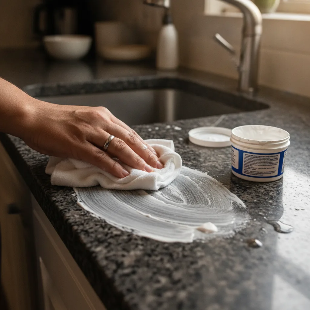 Hand polishing a granite countertop with cream and microfiber cloth, with the cream container nearby.