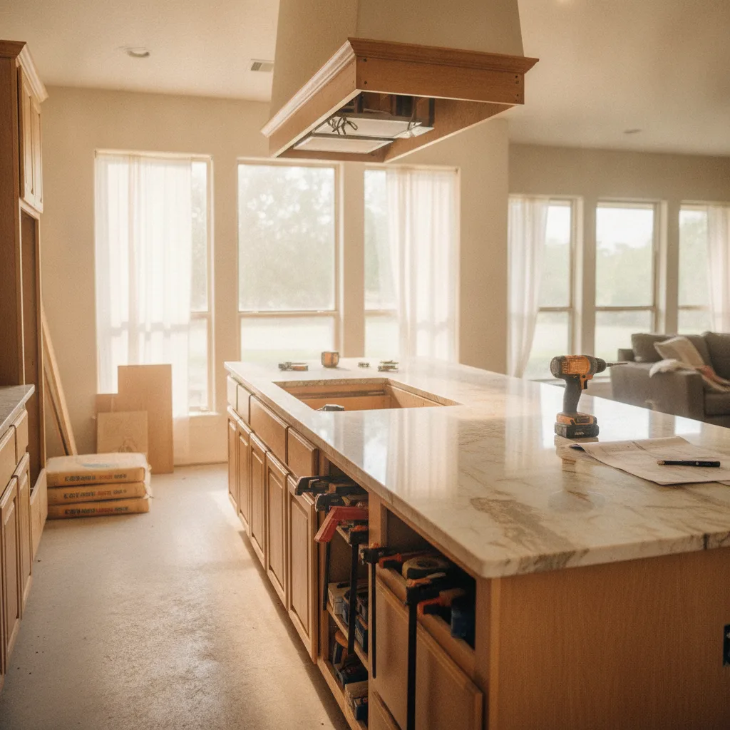 Central Texas kitchen remodel in progress, featuring warm honey-toned cabinetry and polished natural stone countertops.