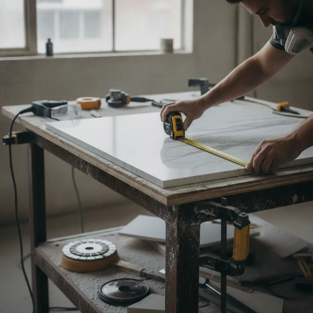 A fabricator meticulously measures a quartz slab on a dusty workbench in a stone shop, surrounded by tools.