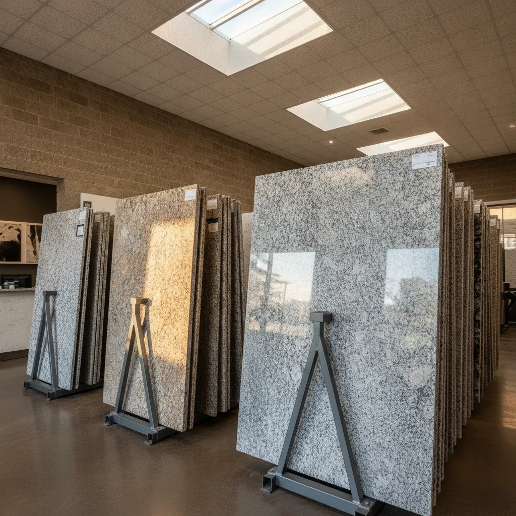 Interior of a stone fabrication showroom with granite and quartz slabs on A-frame racks, natural light from skylights.