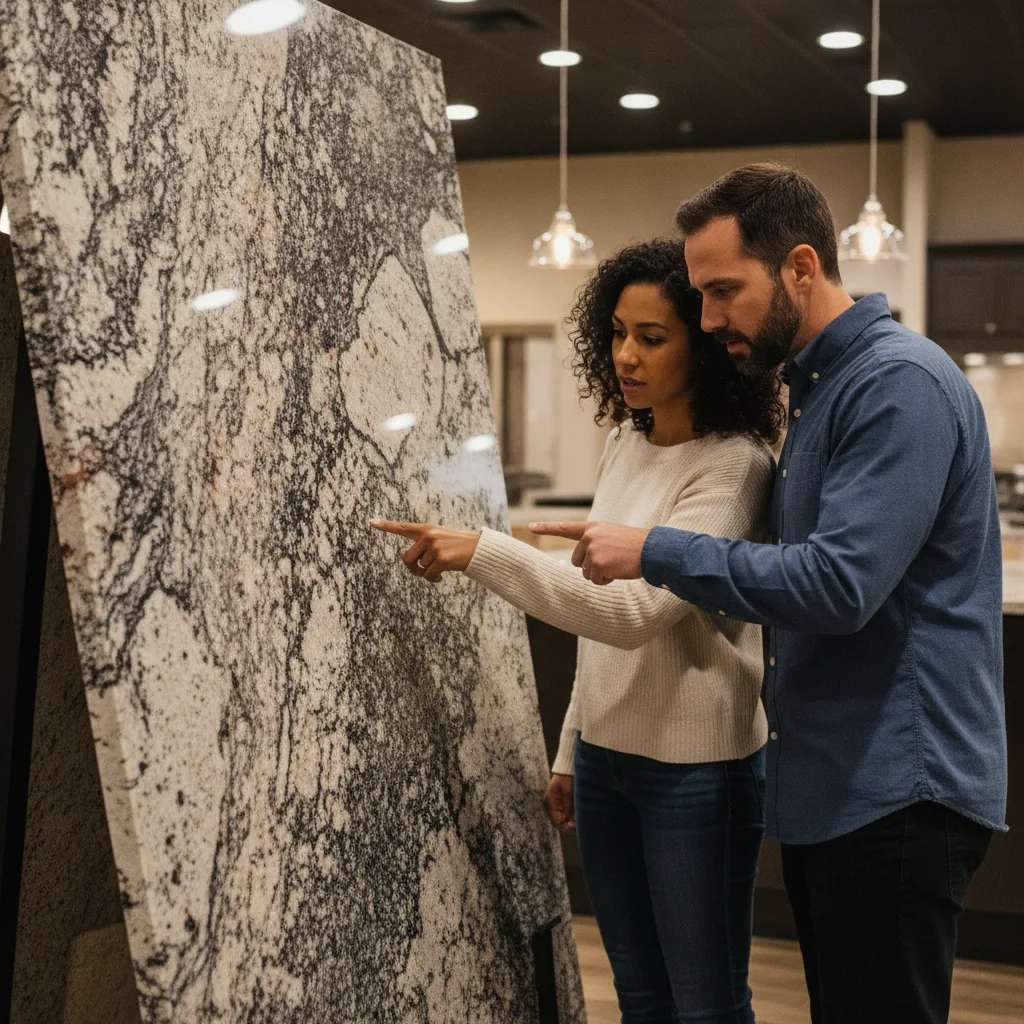 A couple examining a large polished granite slab at a showroom, pointing at the natural veining and color patterns.