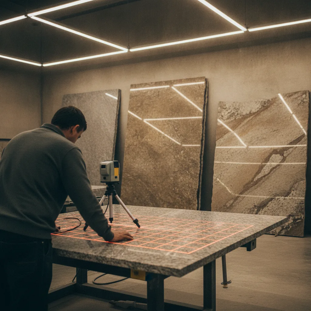 A stone fabricator using a digital laser templating device in a professional stone shop with granite slabs.