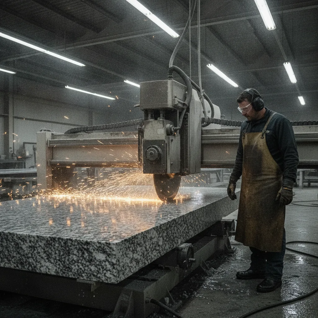 A CNC bridge saw cuts a granite slab with sparks and water mist, overseen by an operator in a shop.