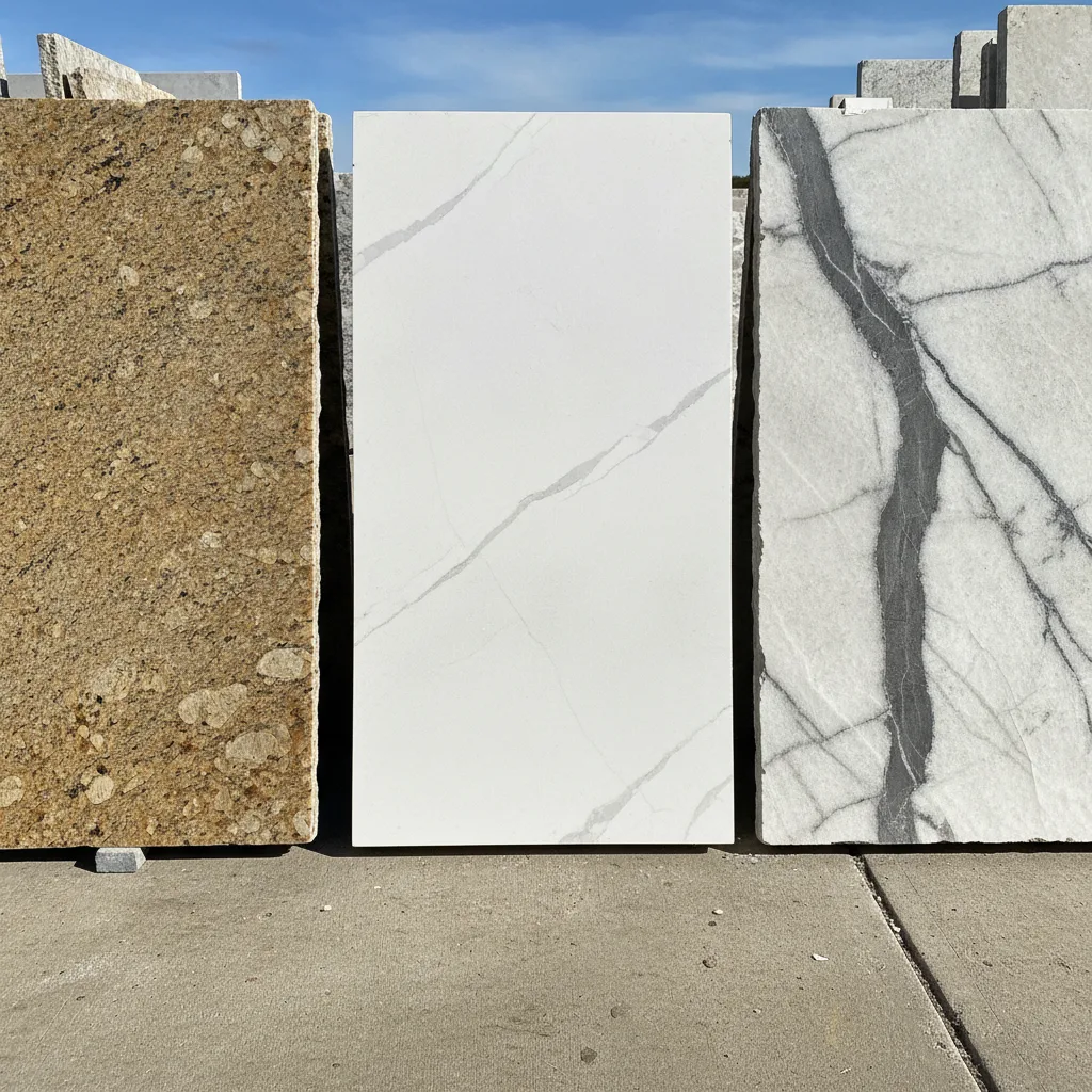 Three stone slab samples: Venetian Gold granite, Calacatta quartz, and dramatic gray-veined quartzite in a Texas slab yard.