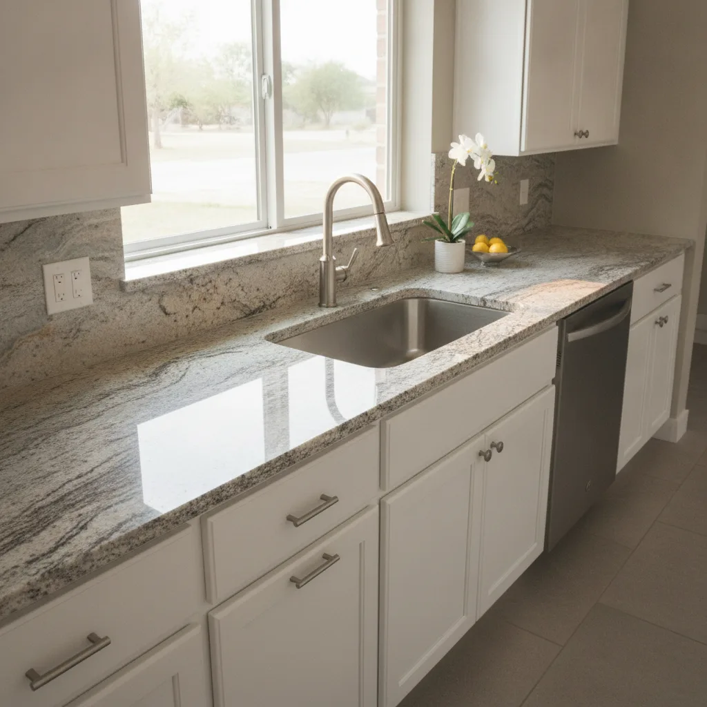 Custom granite countertop with an ogee edge profile installed in a modern Central Texas kitchen
